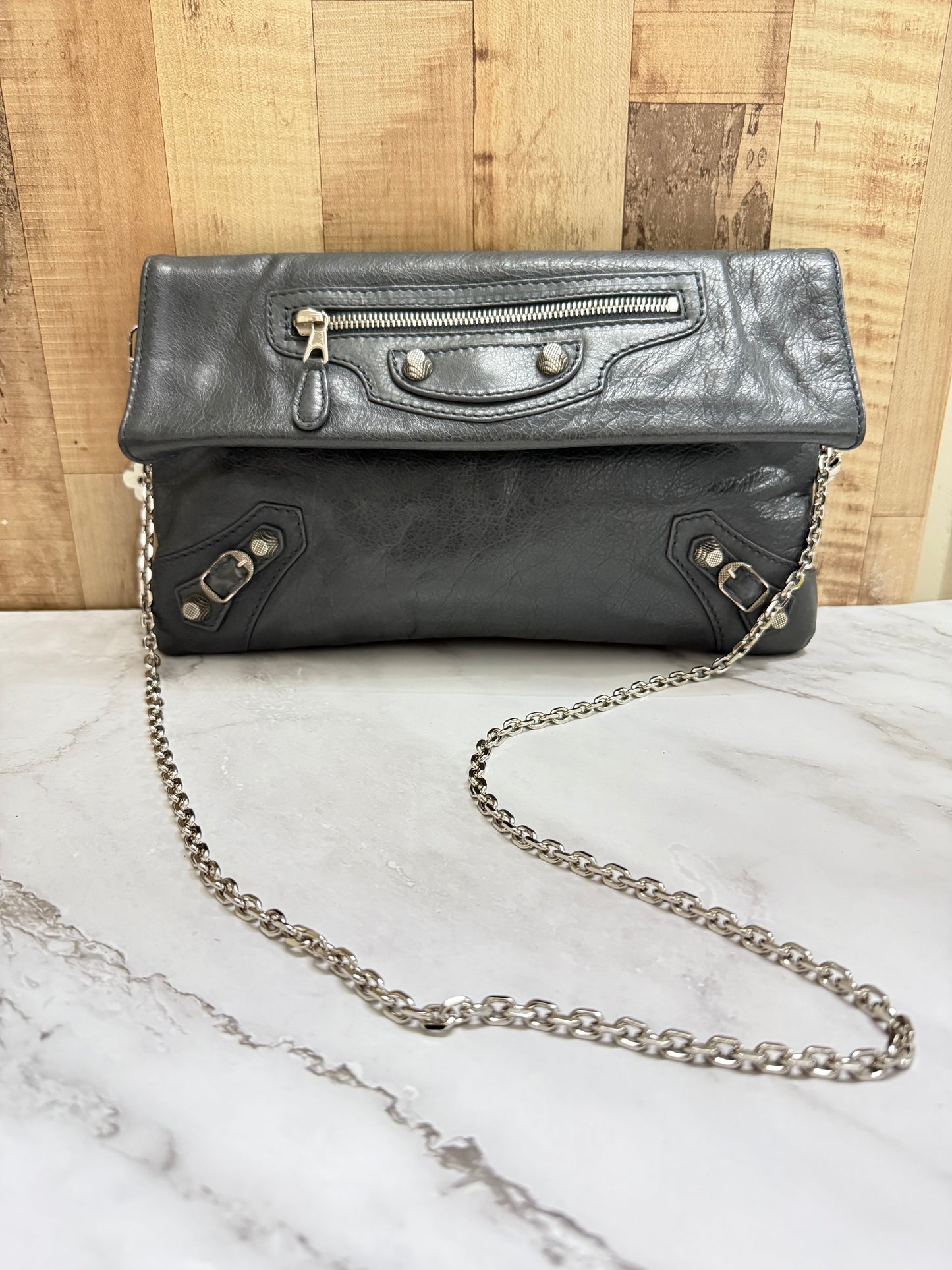 Balenciaga Agneau Giant 21 Silver Hardware Envelope Clutch Anthracite