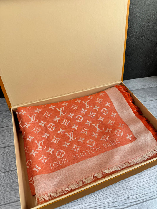 Louis Vuitton Orange Monogram Silk Wool Shawl Scarf