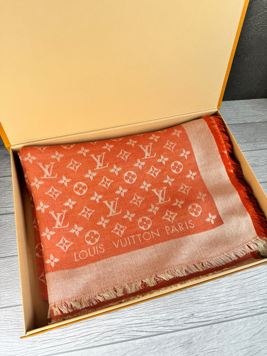 Louis Vuitton Orange Monogram Silk Wool Shawl Scarf